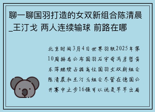 聊一聊国羽打造的女双新组合陈清晨_王汀戈 两人连续输球 前路在哪