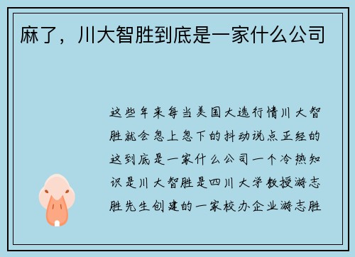 麻了，川大智胜到底是一家什么公司
