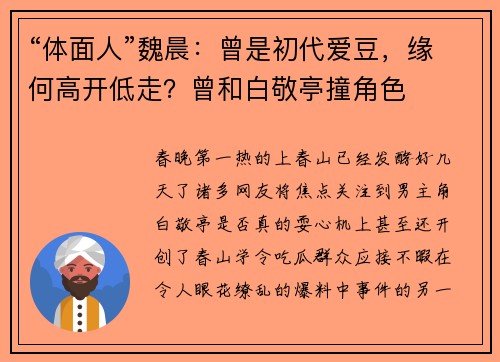 “体面人”魏晨：曾是初代爱豆，缘何高开低走？曾和白敬亭撞角色