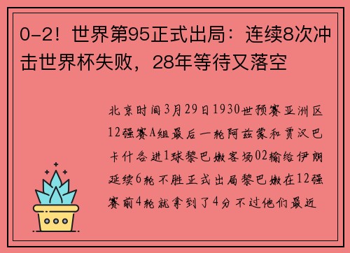 0-2！世界第95正式出局：连续8次冲击世界杯失败，28年等待又落空