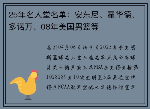 25年名人堂名单：安东尼、霍华德、多诺万、08年美国男篮等