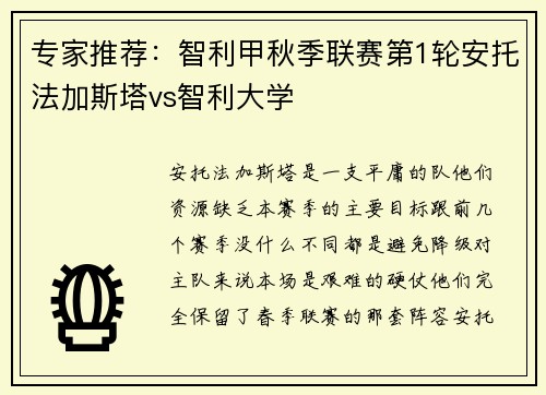 专家推荐：智利甲秋季联赛第1轮安托法加斯塔vs智利大学