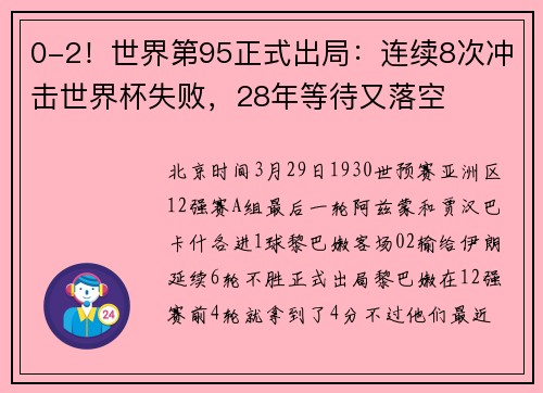 0-2！世界第95正式出局：连续8次冲击世界杯失败，28年等待又落空