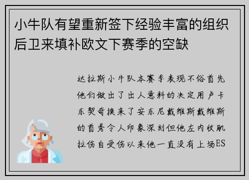 小牛队有望重新签下经验丰富的组织后卫来填补欧文下赛季的空缺