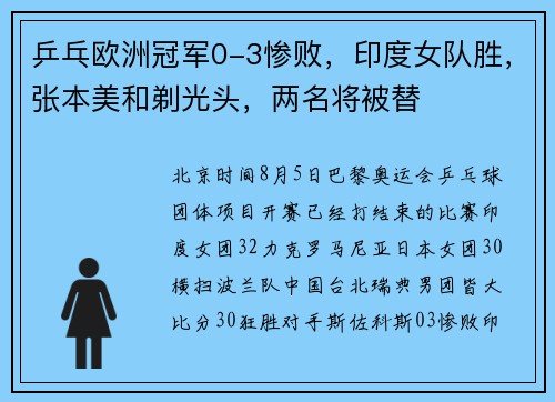 乒乓欧洲冠军0-3惨败，印度女队胜，张本美和剃光头，两名将被替