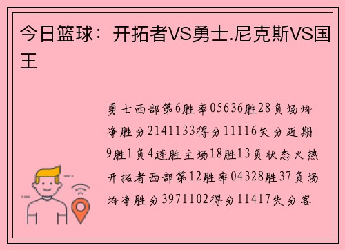 今日篮球：开拓者VS勇士.尼克斯VS国王