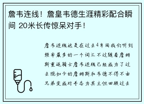 詹韦连线！詹皇韦德生涯精彩配合瞬间 20米长传惊呆对手！